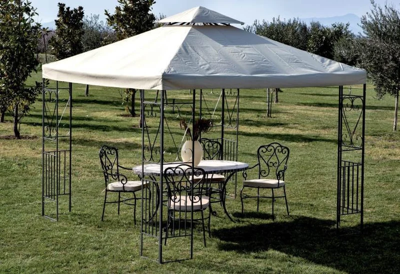 Gazebo In Metallo Mt.3x3 Panelli Decorati Acciaio Ecru Yf-3133b