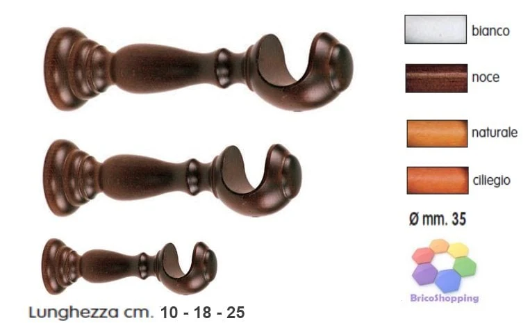 Coppia Staffe Supporti Per Bastoni Tende in Legno Diametro mm 35 Misure e Colori