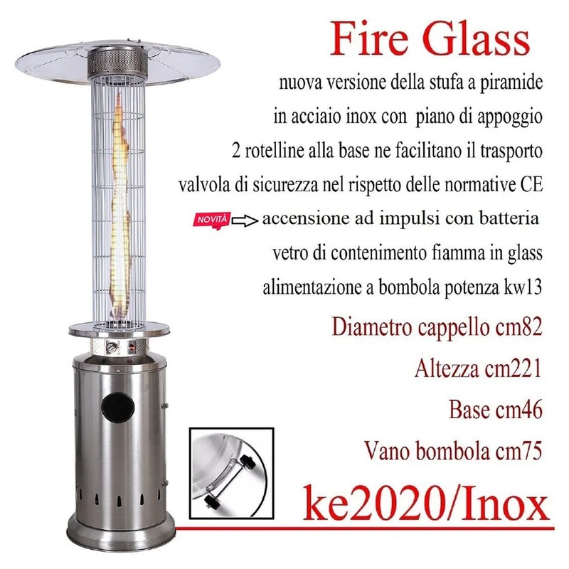 Stufa a gas Cilindrica a Fungo Piramide da Esterna Fuoco Vivo Inox 13kw