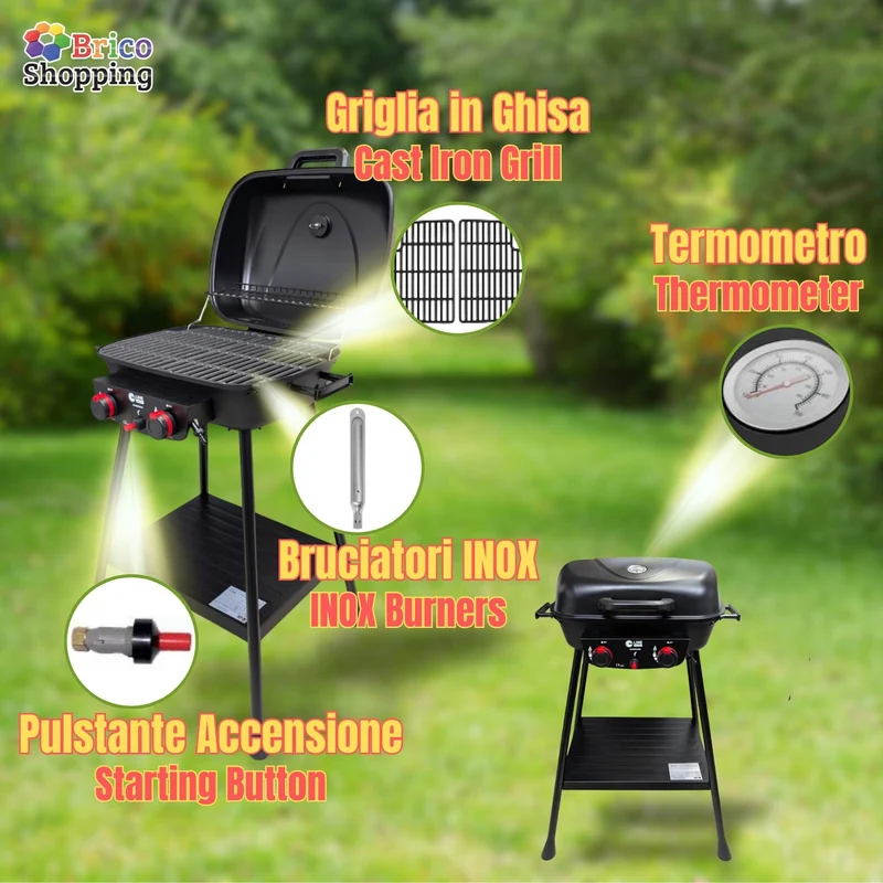 Barbecue a Gas Compatto 2 Fuochi con Griglie in Ghisa e 2 Bruciatori Inox C-Line