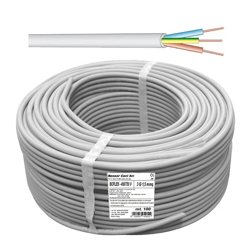 Cavo elettrico 1 Metro Sezione 3 x 1,5 Grigio Filo per Corrente Tripolare