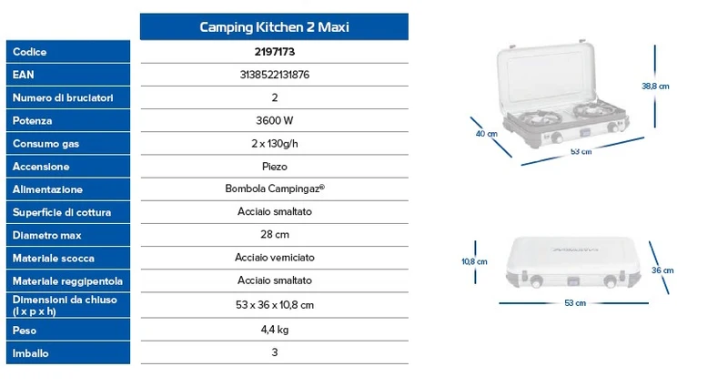 Campingaz Cucina da campeggio Fornellino 2 Maxi Fornello a gas Flame Guard