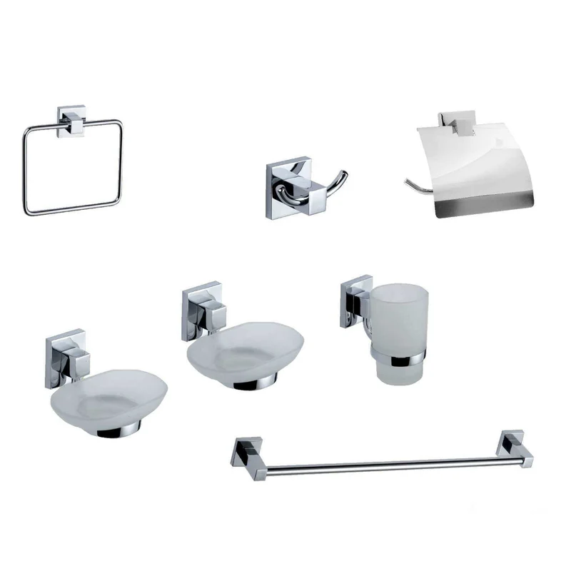 Servizio Bagno 7 Pz Serie Geo Cromo Lucido Vetro Satinato