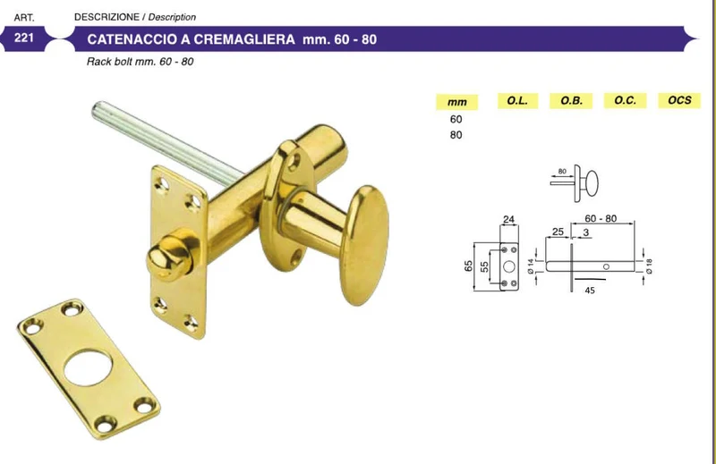 Catenaccio A Cremagliera Con Pomo Ottone Per Sicurezza Porte Gancio Pistone 80mm