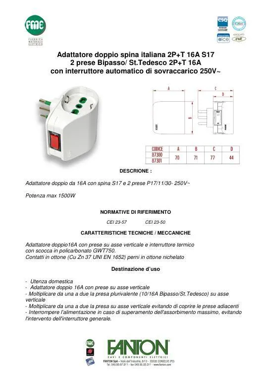 Adattatore Doppio Tripla 2 Posti Riduttore Con Interruttorte Sicurezza Fme