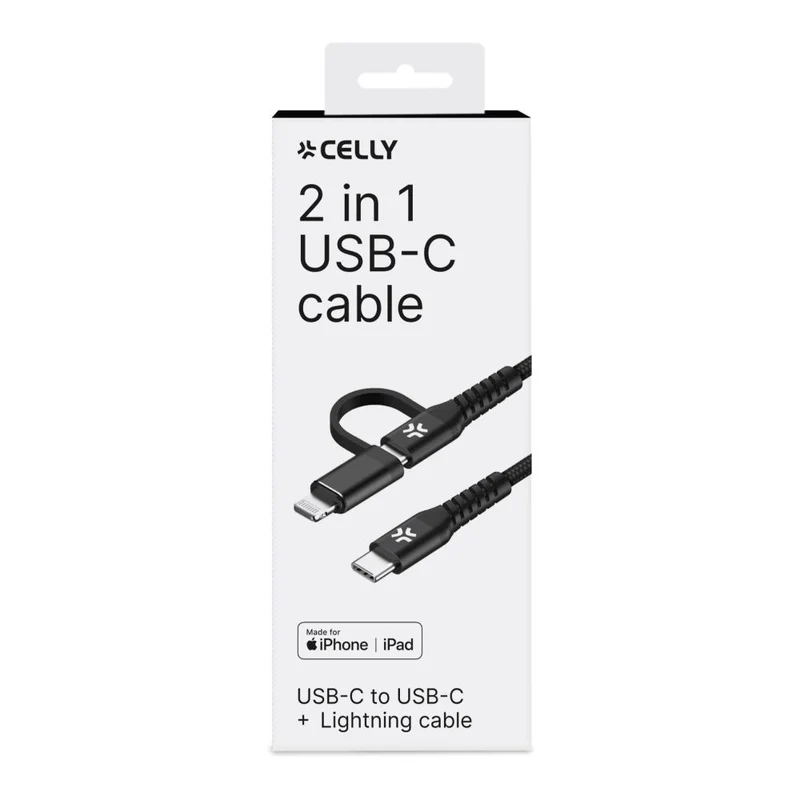 Celly Duo Cavo 100 W da C a C + Lightning 1 m, nero