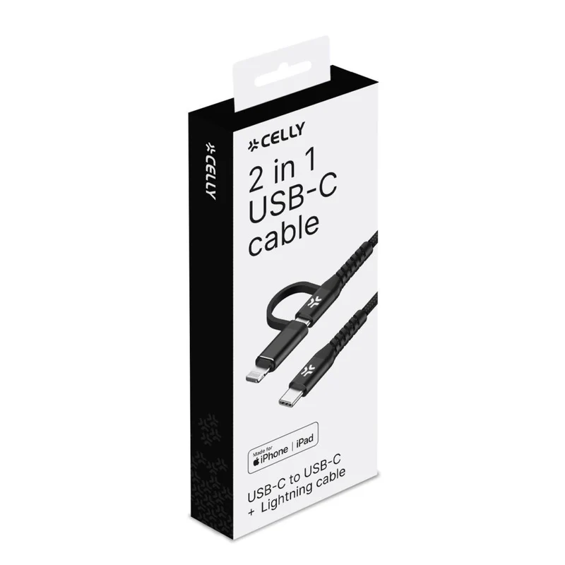 Celly Duo Cavo 100 W da C a C + Lightning 1 m, nero