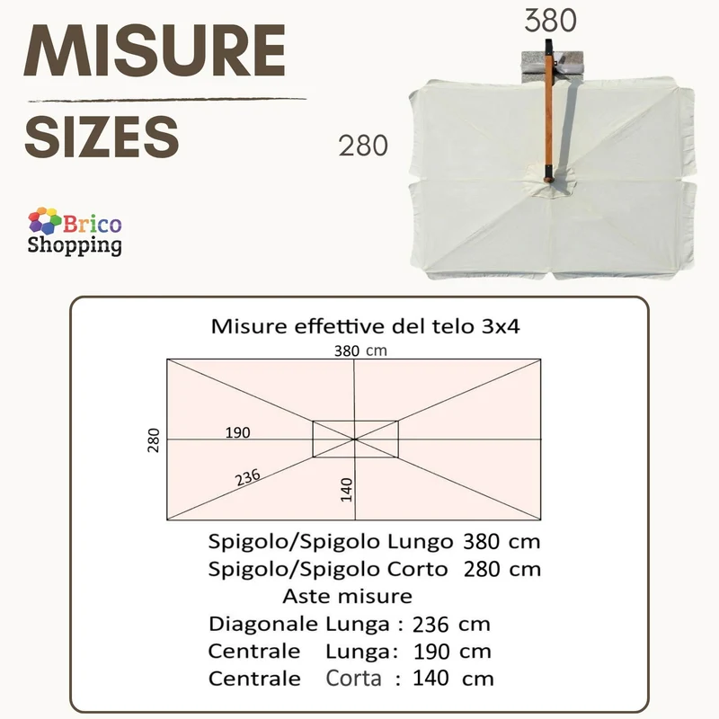 Top Di Ricambio Telo Superiore Per Ombrellone Mt 3x4 (2,8x3,8) 8 Bracci Stecche