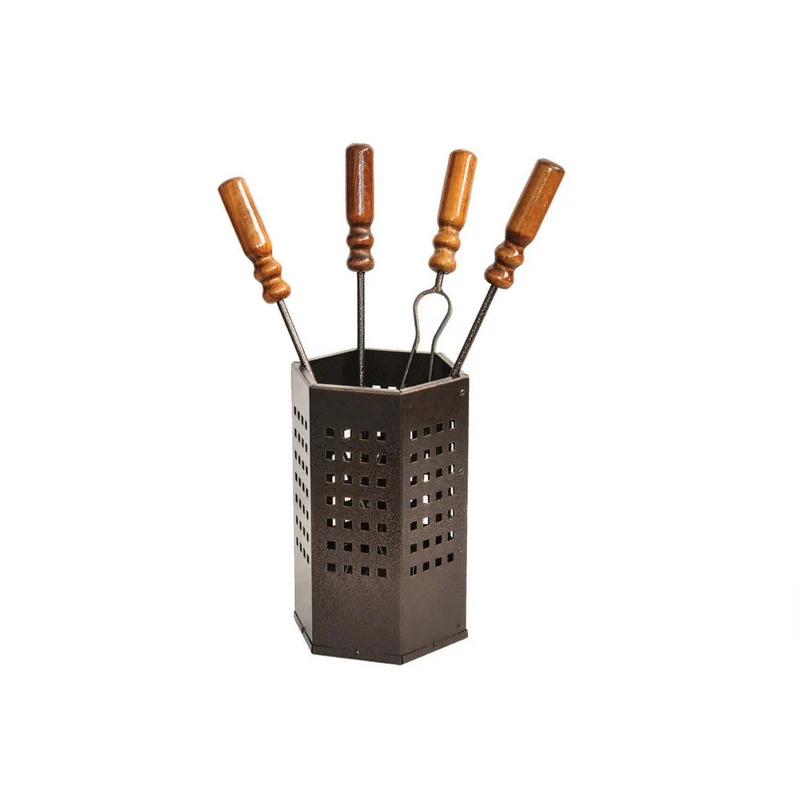 Set Attrezzi Box Camino Caminetto Stufa Pellet Acciaio Impugnatura Legno H 50 Cm