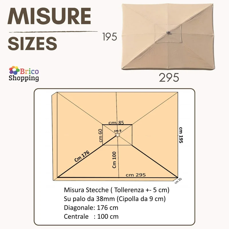 Top Telo Di ricambio Per Ombrellone Palo Centrale Legno 2x3 6/8 Stecche BS0192