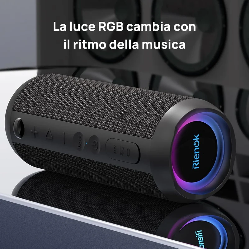 RIENOK Cassa Bluetooth Portatile Potente 30W IPX7 Impermeabile Altoparlante Bluetooth, Bassi Potenti, Luce LED, AUX & Micro SD