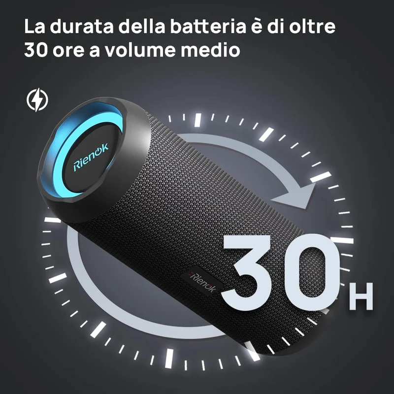 RIENOK Cassa Bluetooth Portatile Potente 30W IPX7 Impermeabile Altoparlante Bluetooth, Bassi Potenti, Luce LED, AUX & Micro SD