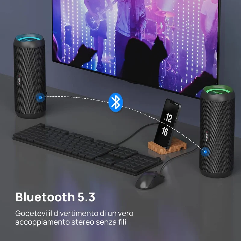 RIENOK Cassa Bluetooth Portatile Potente 30W IPX7 Impermeabile Altoparlante Bluetooth, Bassi Potenti, Luce LED, AUX & Micro SD