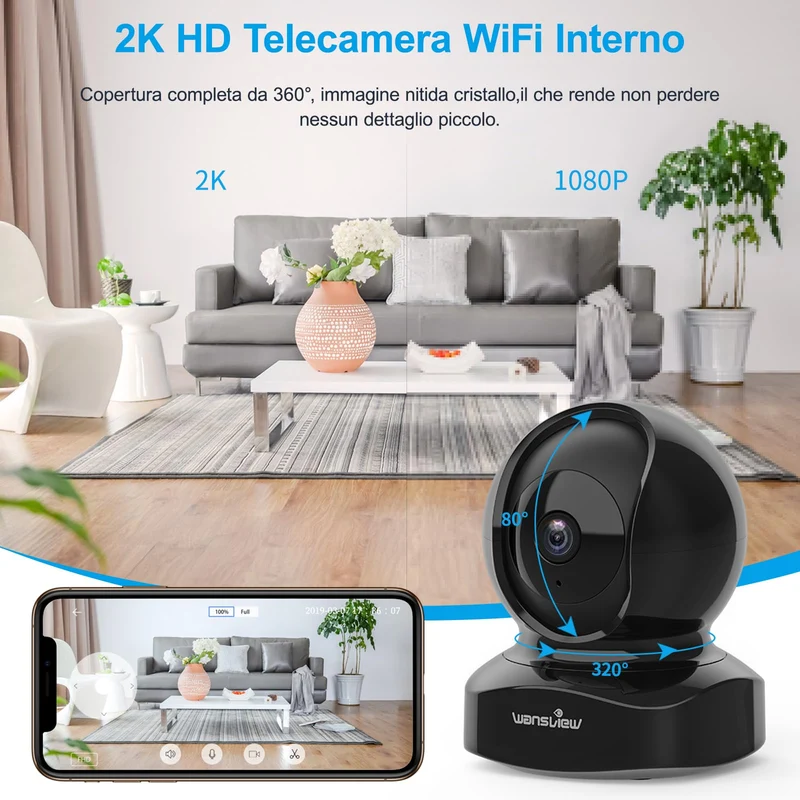 wansview 2K Telecamera Wifi Interno, Videocamera Sorveglianza Interno Wifi con Audio Bidirezionale e Funziona con Alexa, Telecamera Sorveglianza Wifi con Notifiche in Tempo Reale (nero)