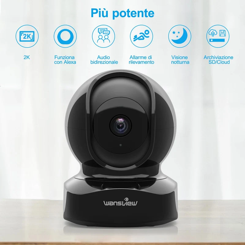 wansview 2K Telecamera Wifi Interno, Videocamera Sorveglianza Interno Wifi con Audio Bidirezionale e Funziona con Alexa, Telecamera Sorveglianza Wifi con Notifiche in Tempo Reale (nero)
