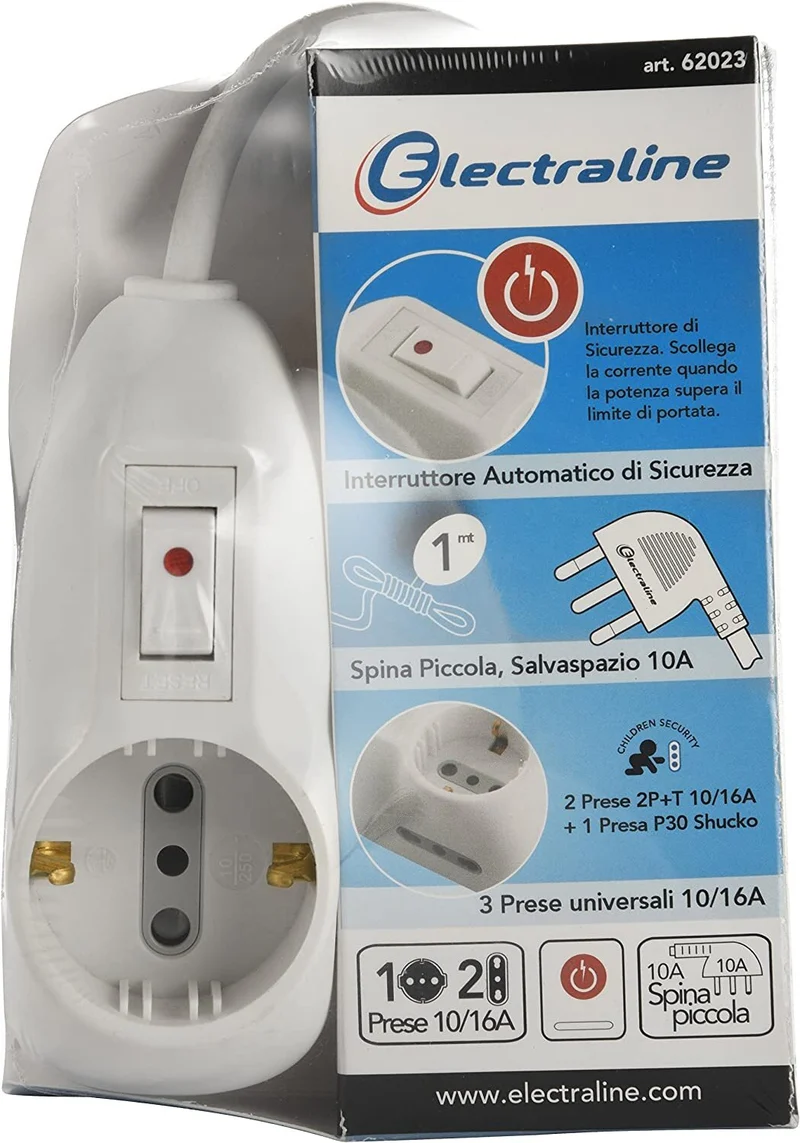 Multipresa Compatta 3 Posti Prese Spina Piccola 10a Interrutore Di Sicurezza 250
