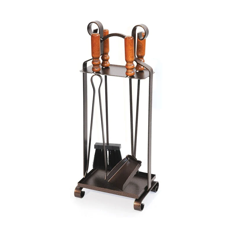 Set Camino Ferro Battuto Cortina Manico Legno 4 Attrezzi E Supporto