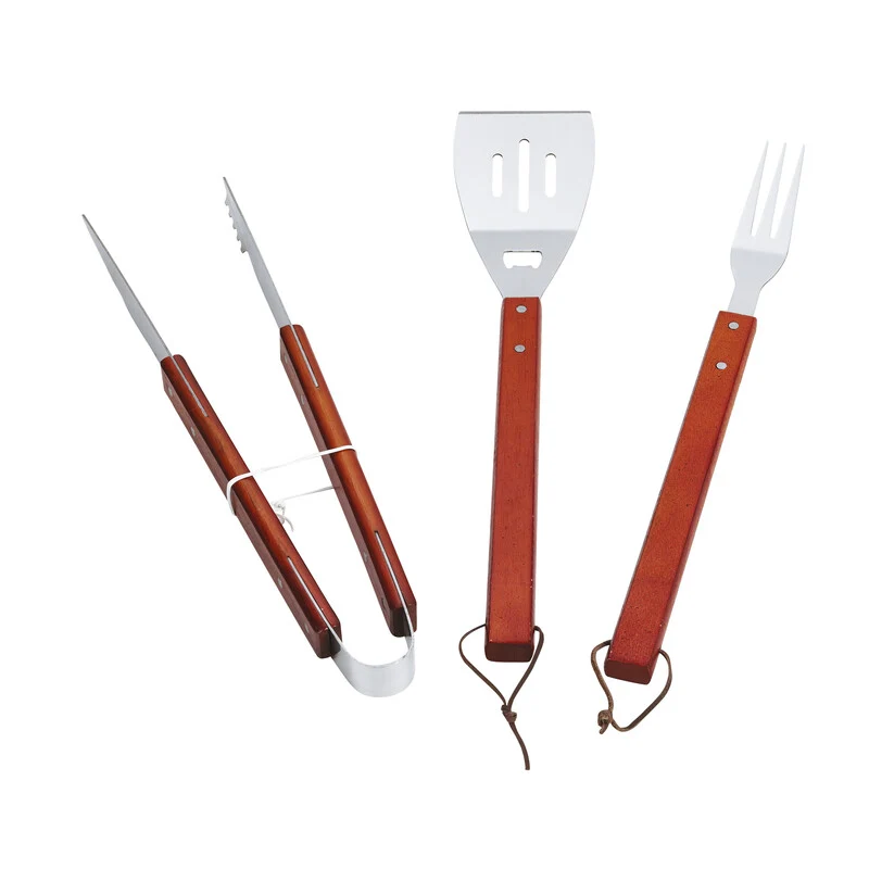 Set Attrezzi Accessori Barbecue Bbq 3 Pz Manico Legno Spatola Pinza Forchettone