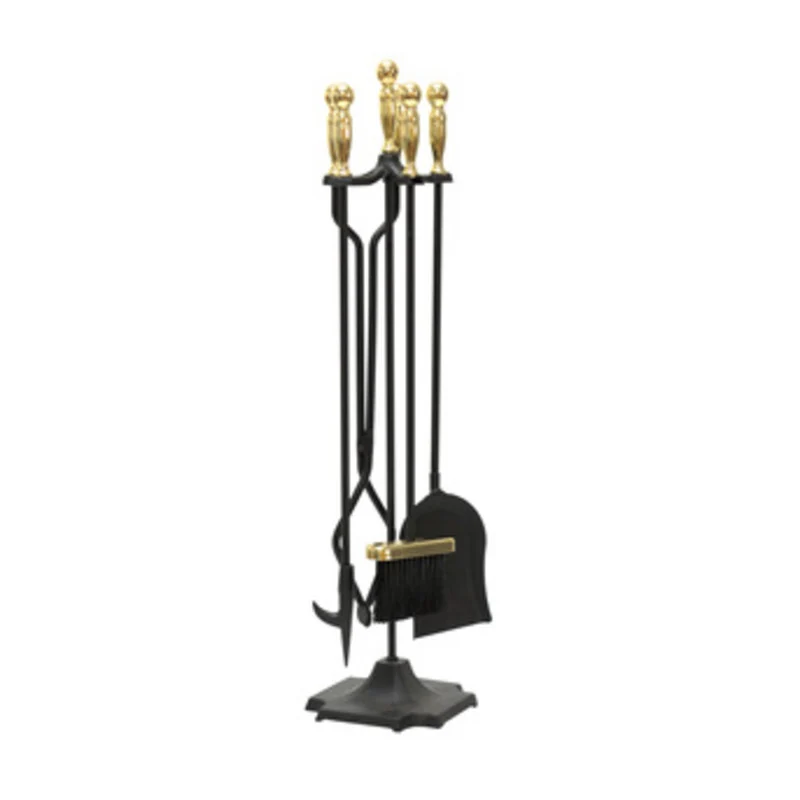 Set Kit Attrezzi Camino Stufa Pellet Sfera Ottone 5 Pz H 77 Caminetto Nero