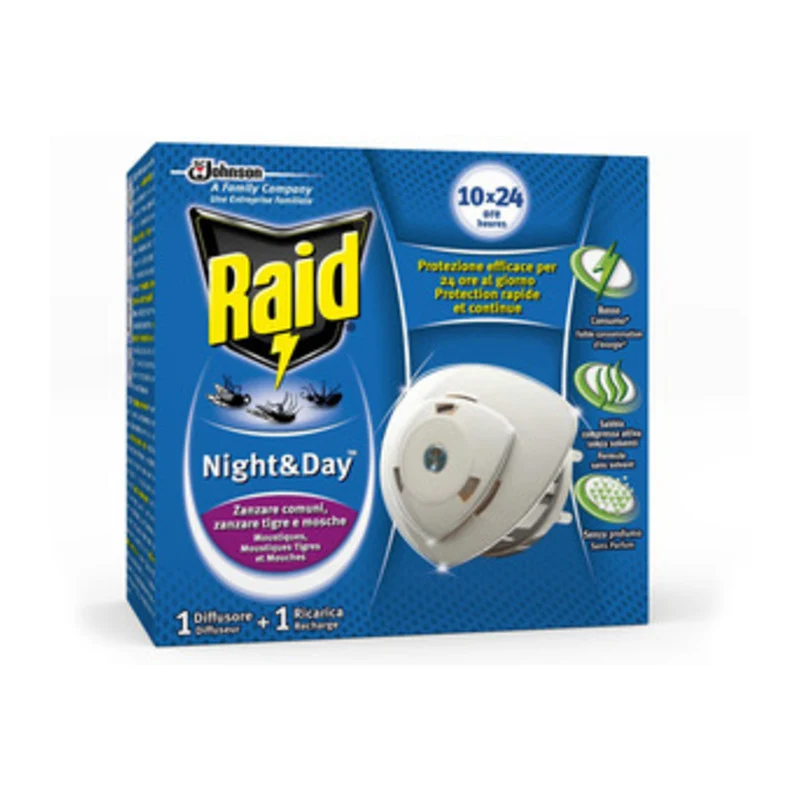 Raid Night & Day Zanzare Base+ Ricarica Set Completo Diffusore A Spina