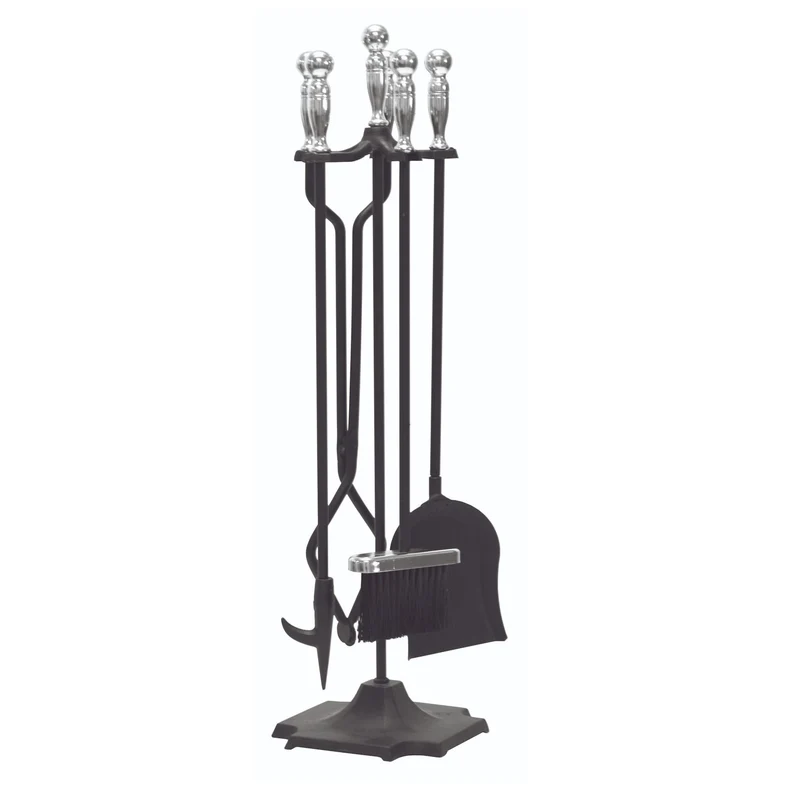Set Kit Attrezzi Camino Stufa Pellet Sfera Cromo 5 Pz H 77 Caminetto Nero