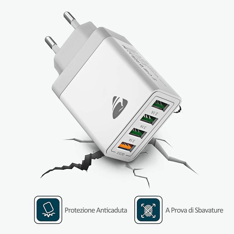 Caricatore USB, 4 Porte Caricatore USB da Muro 40W QC 3.0 Carica Rapida CaricabatterieUSB Multiplo Alimentatore PresaUSB per iPhone 15 14 13 12 11 X, Samsung Galaxy S21 S20 A71 A51, Xiaomi, Huawei