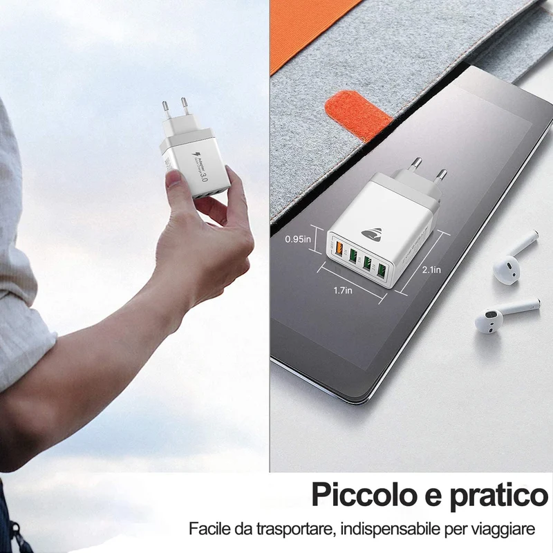 Caricatore USB, 4 Porte Caricatore USB da Muro 40W QC 3.0 Carica Rapida CaricabatterieUSB Multiplo Alimentatore PresaUSB per iPhone 15 14 13 12 11 X, Samsung Galaxy S21 S20 A71 A51, Xiaomi, Huawei