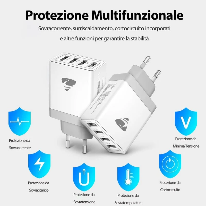 Caricatore USB, 4 Porte Caricatore USB da Muro 40W QC 3.0 Carica Rapida CaricabatterieUSB Multiplo Alimentatore PresaUSB per iPhone 15 14 13 12 11 X, Samsung Galaxy S21 S20 A71 A51, Xiaomi, Huawei