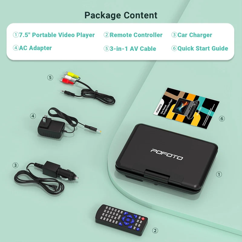 POFOTO Lettore DVD Portatile 9,5'' con Schermo HD Ruotabile 7,5'', Batteria 4-6 Ore, Supporto Multiformato Dischi/SD/USB, Antiurto, Riproduzione Memoria, Sync TV e Proiettore, con Caricatore per Auto