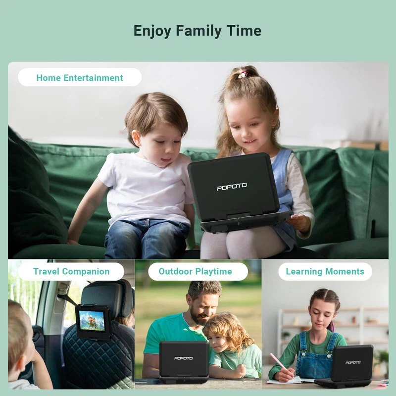 POFOTO Lettore DVD Portatile 9,5'' con Schermo HD Ruotabile 7,5'', Batteria 4-6 Ore, Supporto Multiformato Dischi/SD/USB, Antiurto, Riproduzione Memoria, Sync TV e Proiettore, con Caricatore per Auto