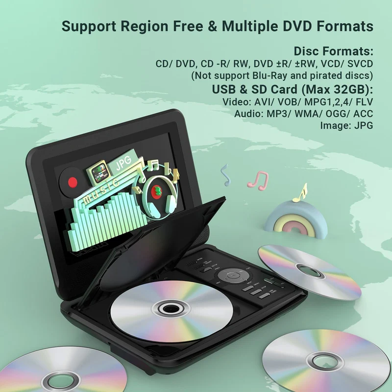 POFOTO Lettore DVD Portatile 9,5'' con Schermo HD Ruotabile 7,5'', Batteria 4-6 Ore, Supporto Multiformato Dischi/SD/USB, Antiurto, Riproduzione Memoria, Sync TV e Proiettore, con Caricatore per Auto
