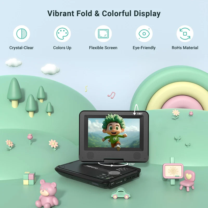 POFOTO Lettore DVD Portatile 9,5'' con Schermo HD Ruotabile 7,5'', Batteria 4-6 Ore, Supporto Multiformato Dischi/SD/USB, Antiurto, Riproduzione Memoria, Sync TV e Proiettore, con Caricatore per Auto