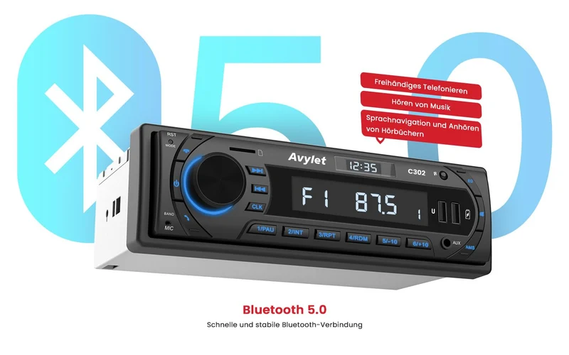 Avylet Autoradio Bluetooth 5.0 Vivavoce FM/AM, Avylet Radio Stereo 1 DIN, Supporta Basso Profondo/Luce a 7 colori/Chiamata a mani libere/AUX-IN/CARD/Chiavetta USB,Telecomando, 60W X 4, Ricarica rapida