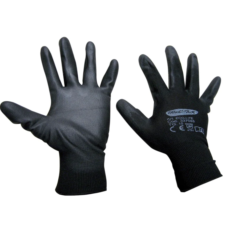 12 Paia Guanti Da Lavoro In Nylon Poliuretano En388 Neri Polso Elasticizzato