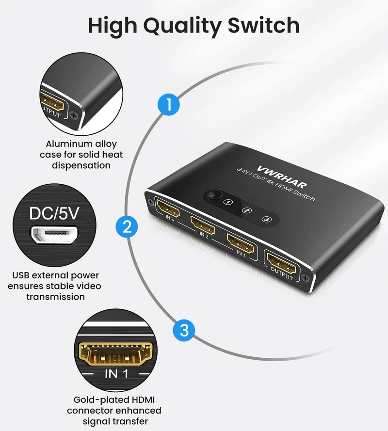 Sdoppiatore HDMI, 4K@60Hz HDR Switch HDMI 3 In 1 Out con Telecomando, Alluminio HDMI Switch Supporta 4K/3D/HDCP1.4/UHD/1080P, Splitter HDMI per TV, PC, Fire Stick, PS5/4/3, Xbox, Blu-Ray, DVD Player