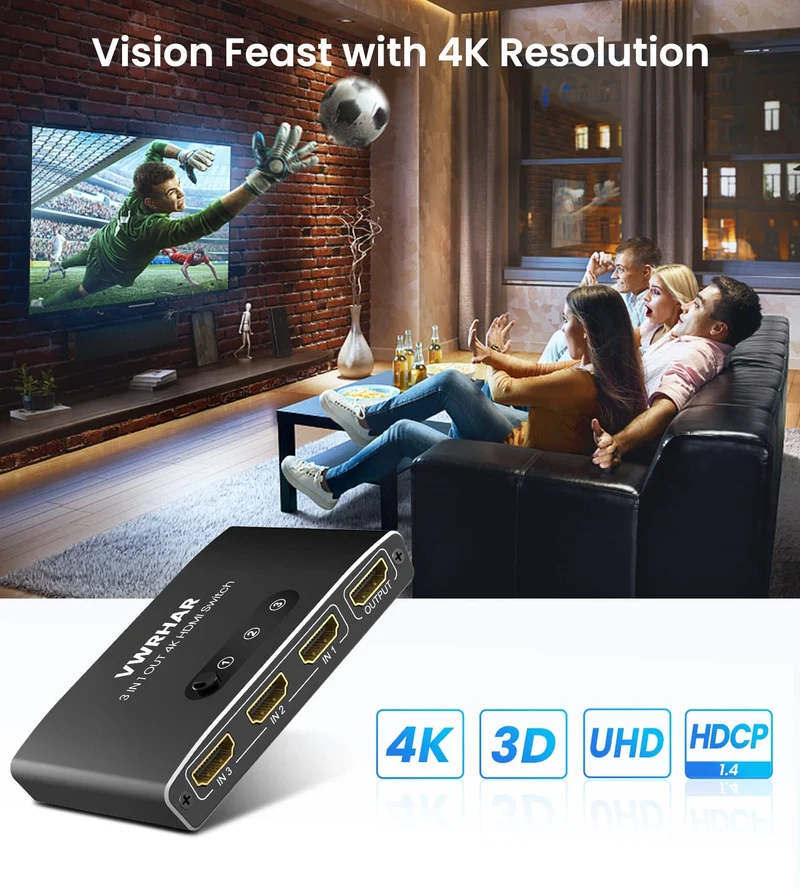 Sdoppiatore HDMI, 4K@60Hz HDR Switch HDMI 3 In 1 Out con Telecomando, Alluminio HDMI Switch Supporta 4K/3D/HDCP1.4/UHD/1080P, Splitter HDMI per TV, PC, Fire Stick, PS5/4/3, Xbox, Blu-Ray, DVD Player