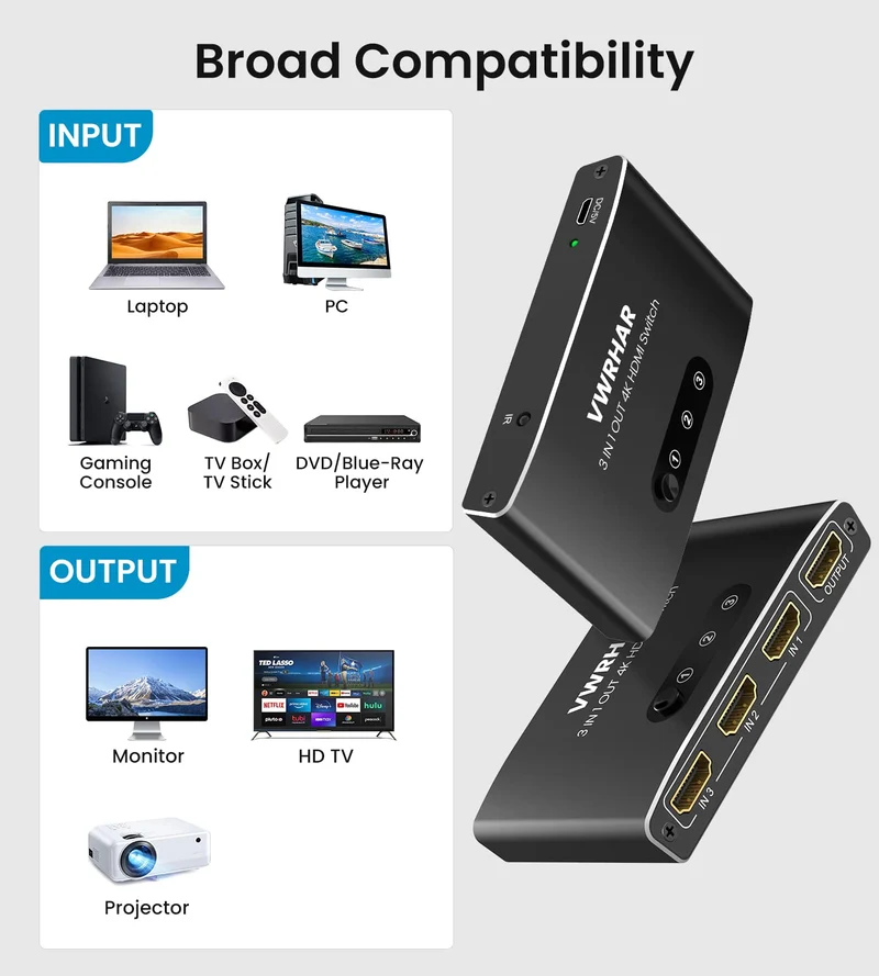 Sdoppiatore HDMI, 4K@60Hz HDR Switch HDMI 3 In 1 Out con Telecomando, Alluminio HDMI Switch Supporta 4K/3D/HDCP1.4/UHD/1080P, Splitter HDMI per TV, PC, Fire Stick, PS5/4/3, Xbox, Blu-Ray, DVD Player