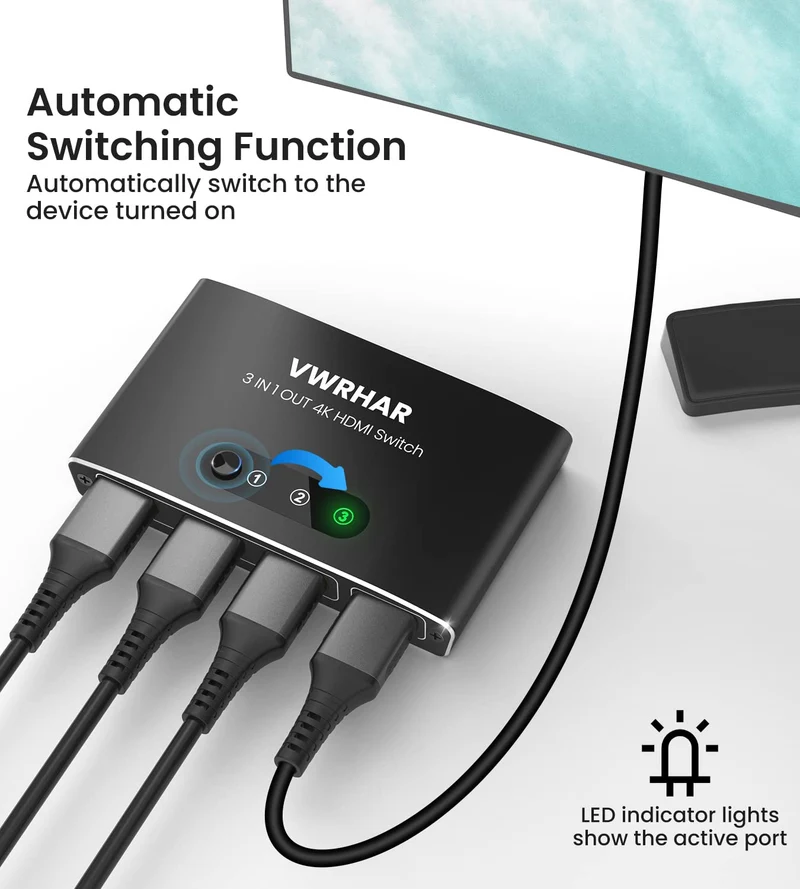 Sdoppiatore HDMI, 4K@60Hz HDR Switch HDMI 3 In 1 Out con Telecomando, Alluminio HDMI Switch Supporta 4K/3D/HDCP1.4/UHD/1080P, Splitter HDMI per TV, PC, Fire Stick, PS5/4/3, Xbox, Blu-Ray, DVD Player