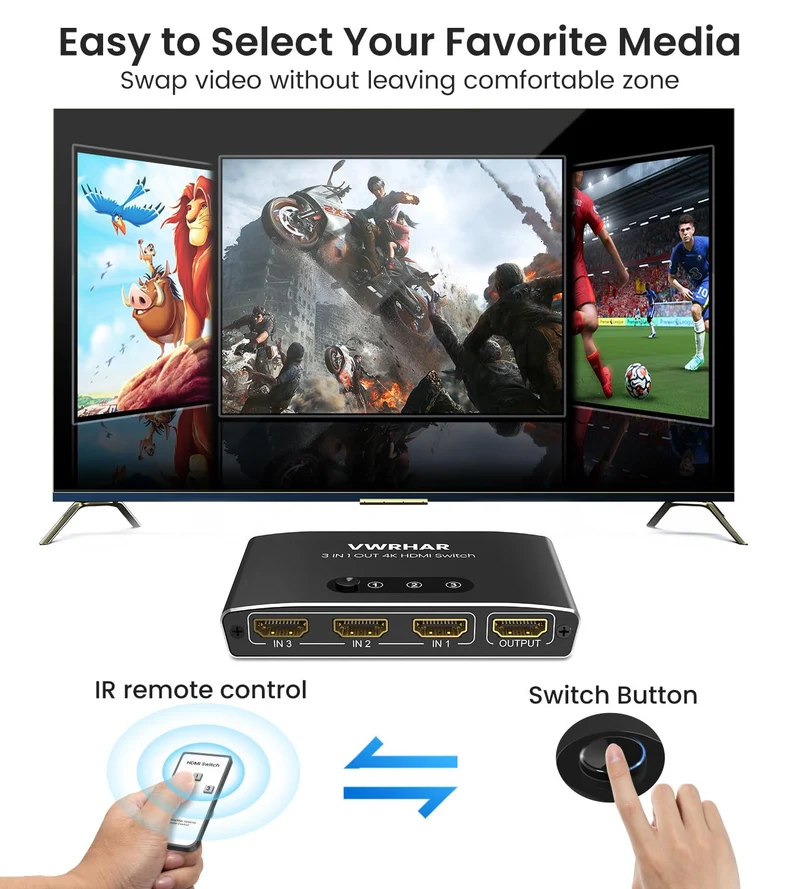 Sdoppiatore HDMI, 4K@60Hz HDR Switch HDMI 3 In 1 Out con Telecomando, Alluminio HDMI Switch Supporta 4K/3D/HDCP1.4/UHD/1080P, Splitter HDMI per TV, PC, Fire Stick, PS5/4/3, Xbox, Blu-Ray, DVD Player