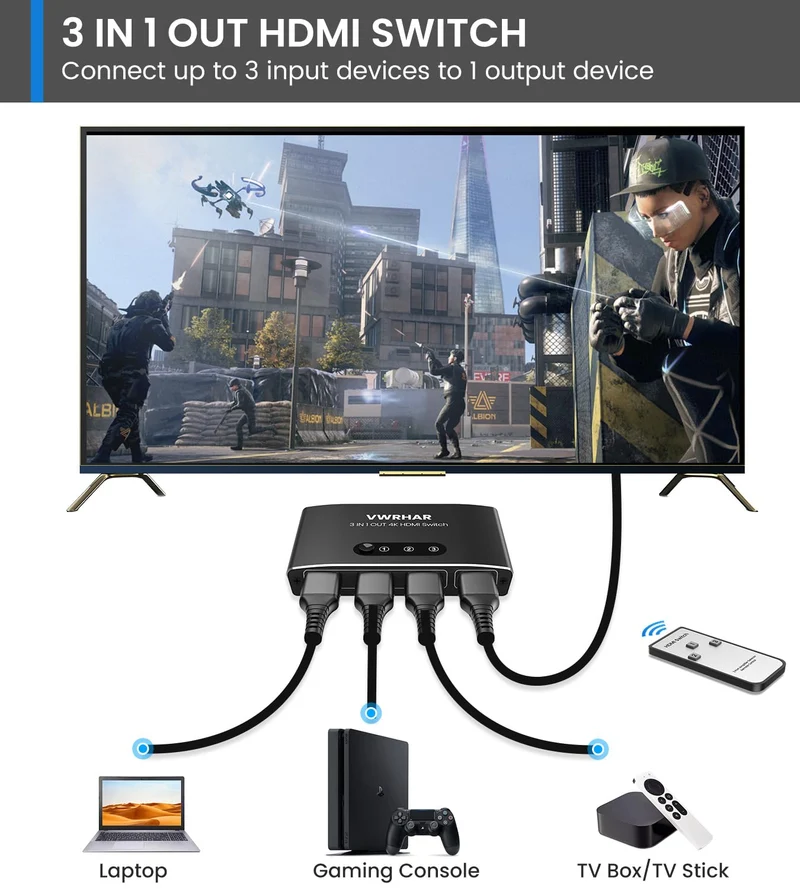 Sdoppiatore HDMI, 4K@60Hz HDR Switch HDMI 3 In 1 Out con Telecomando, Alluminio HDMI Switch Supporta 4K/3D/HDCP1.4/UHD/1080P, Splitter HDMI per TV, PC, Fire Stick, PS5/4/3, Xbox, Blu-Ray, DVD Player