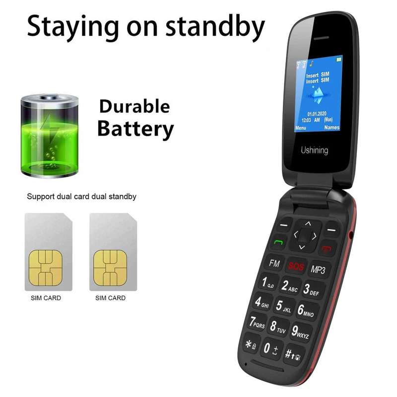 GSM Telefono Cellulare per Anziani, Telefono Cellulare a Conchiglia con Tasti Grandi Funzione SOS, Cellulare per Anziani Facile da Usare - Nero