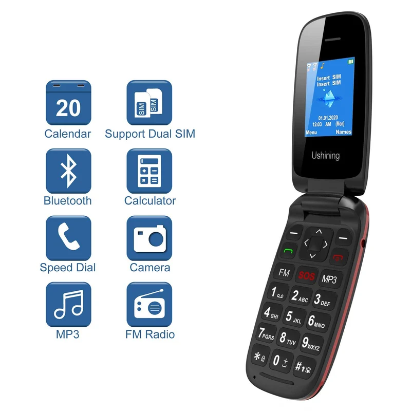 GSM Telefono Cellulare per Anziani, Telefono Cellulare a Conchiglia con Tasti Grandi Funzione SOS, Cellulare per Anziani Facile da Usare - Nero