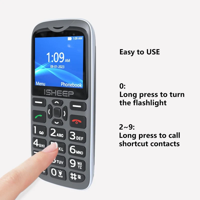 ISHEEP Telefono cellulare quad-band, gsm, tasti grandi per anziani, sbloccato, senza sim inclusa,D210 nero