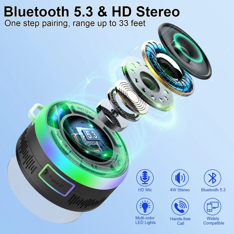 Cassa Doccia Bluetooth 5.3, Altoparlante Bluetooth IP7 Impermeabile con Ventosa, Shower Speaker Bluetooth con Luce RGB, 8Ore Stereo Cassa Bluetoth Portatile, Chiamata Senza Mani, per Doccia Viaggi
