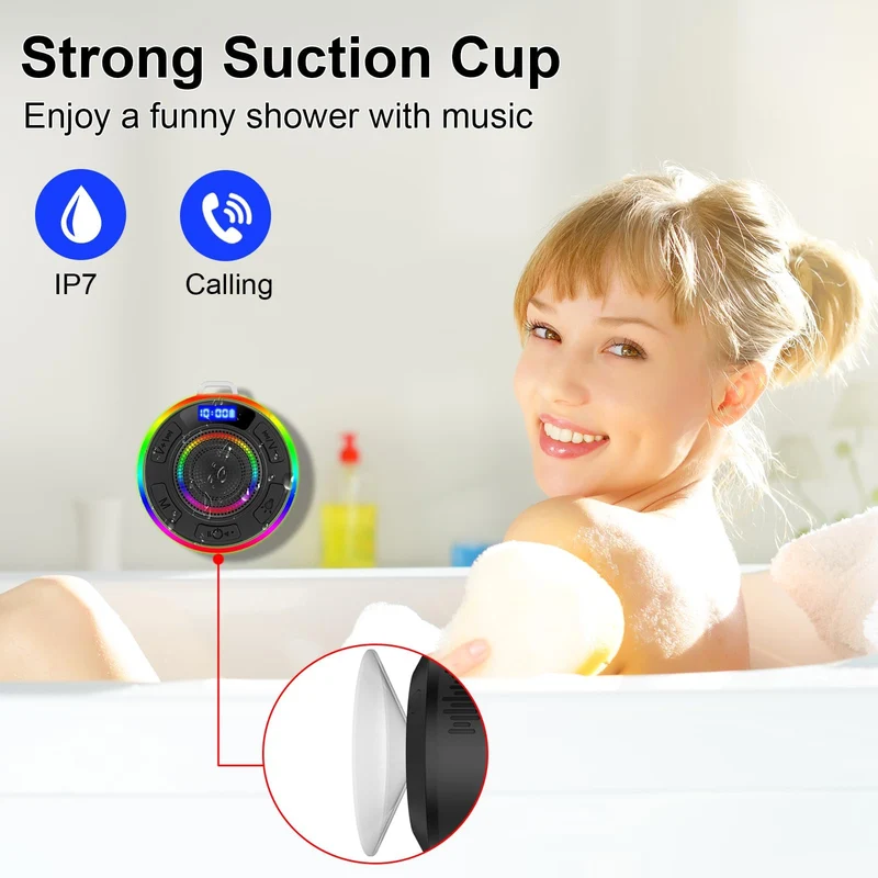Cassa Doccia Bluetooth 5.3, Altoparlante Bluetooth IP7 Impermeabile con Ventosa, Shower Speaker Bluetooth con Luce RGB, 8Ore Stereo Cassa Bluetoth Portatile, Chiamata Senza Mani, per Doccia Viaggi