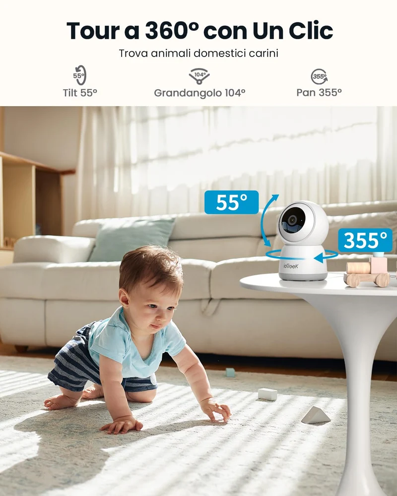 ieGeek 2K Telecamera WiFi Interno Supporta 2,4/5GHz, 3MP Videocamera Sorveglianza Esterno con Tracciamento Automatico e Rotazione a 360°, Visione Notturna, Audio Bidirezionale,Funziona con Alexa, SC1
