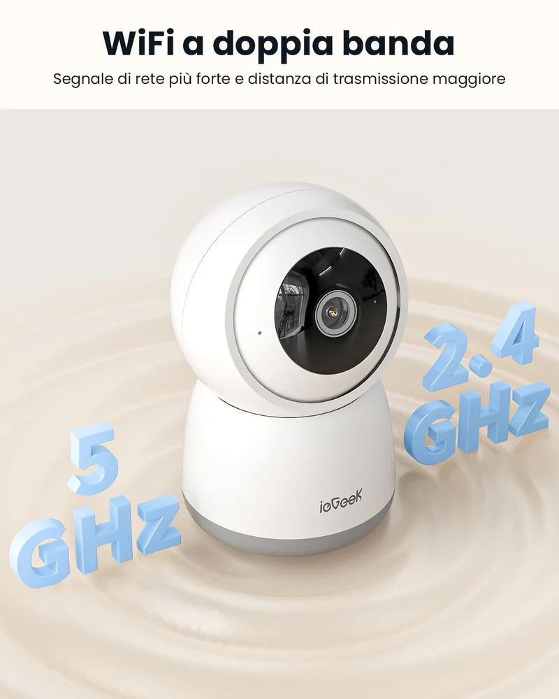 ieGeek 2K Telecamera WiFi Interno Supporta 2,4/5GHz, 3MP Videocamera Sorveglianza Esterno con Tracciamento Automatico e Rotazione a 360°, Visione Notturna, Audio Bidirezionale,Funziona con Alexa, SC1