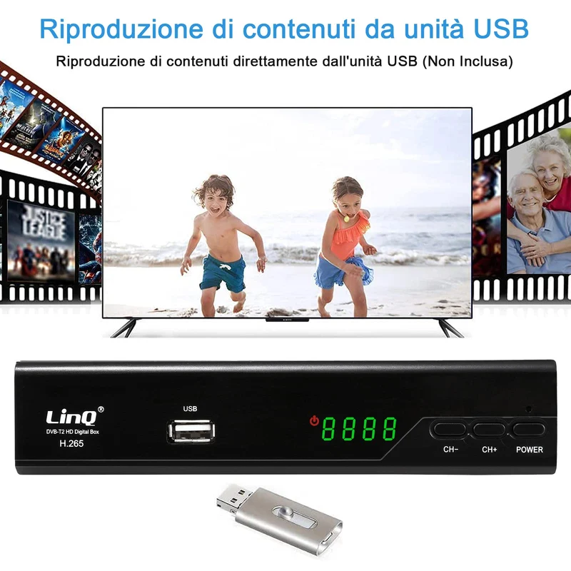 Decoder DVB-T2, HD 1080p H.265 HEVC Ricevitore Digitale Terrestre HDMI TV Stick 10 Bit 60 FPS, USB WiFi Supporto, SCART, Ethernet, Universal Remote Control