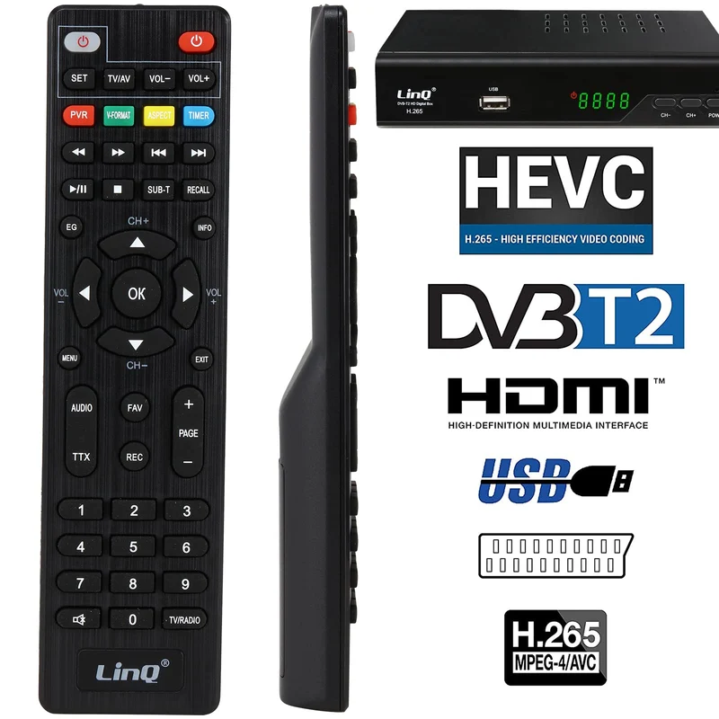 Decoder DVB-T2, HD 1080p H.265 HEVC Ricevitore Digitale Terrestre HDMI TV Stick 10 Bit 60 FPS, USB WiFi Supporto, SCART, Ethernet, Universal Remote Control