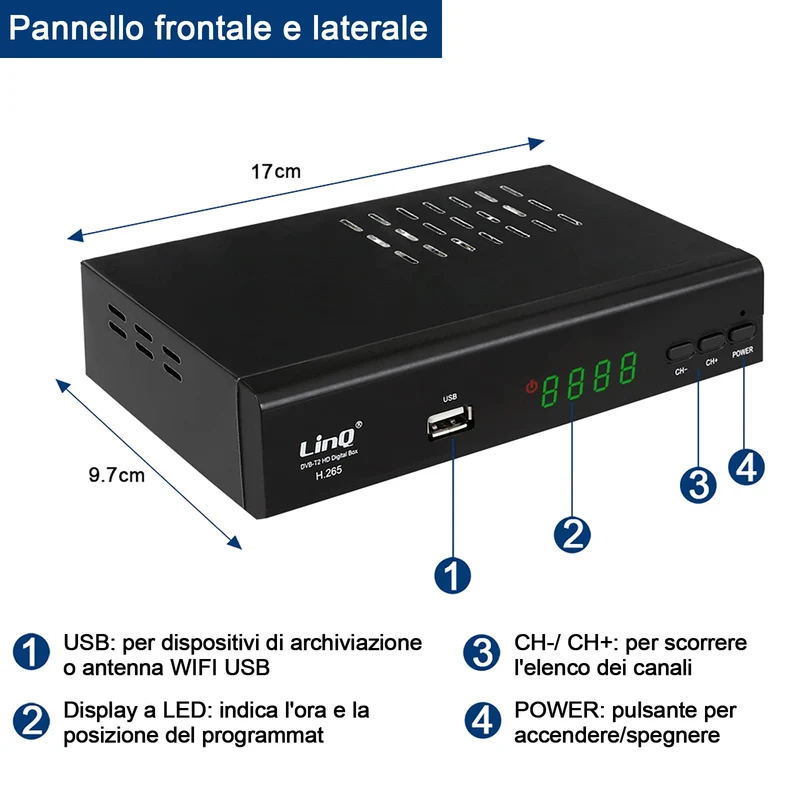 Decoder DVB-T2, HD 1080p H.265 HEVC Ricevitore Digitale Terrestre HDMI TV Stick 10 Bit 60 FPS, USB WiFi Supporto, SCART, Ethernet, Universal Remote Control